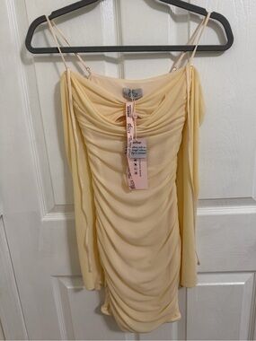 Ruched Off-Shoulder Mini Dress in Pale Yellow